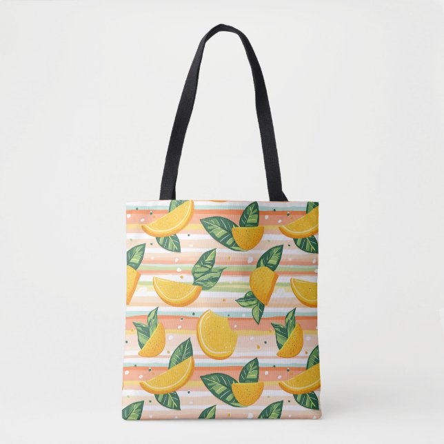 Bolsa Tote Padrão de Fatia Laranja com Folhas Verdes no Paste (Frente)