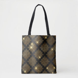 Bolsa Tote Padrão de Filigrana Glamour Brilho Preto e Dourado