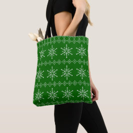 Bolsa Tote Padrão de Flocos de Neve Natal branco e verde