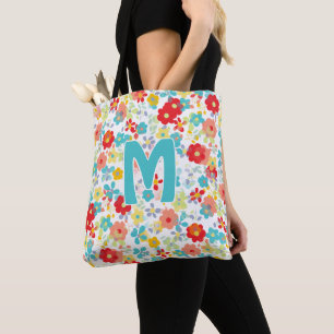 Bolsa Tote Padrão de flor azul aqua rosa personalizado