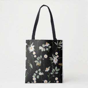Bolsa Tote Padrão de Flor Botânico Preto