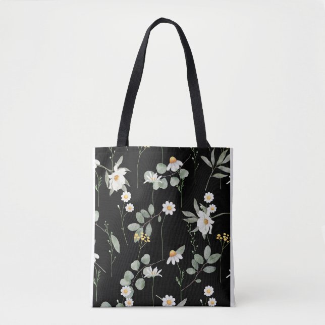 Bolsa Tote Padrão de Flor Botânico Preto (Frente)
