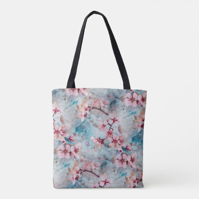 Bolsa Tote Padrão de Flor de Cereja Rosa e Azul (Verso)