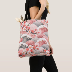 Bolsa Tote Padrão de Flor de Cerejeira em Onda Japonesa Coral