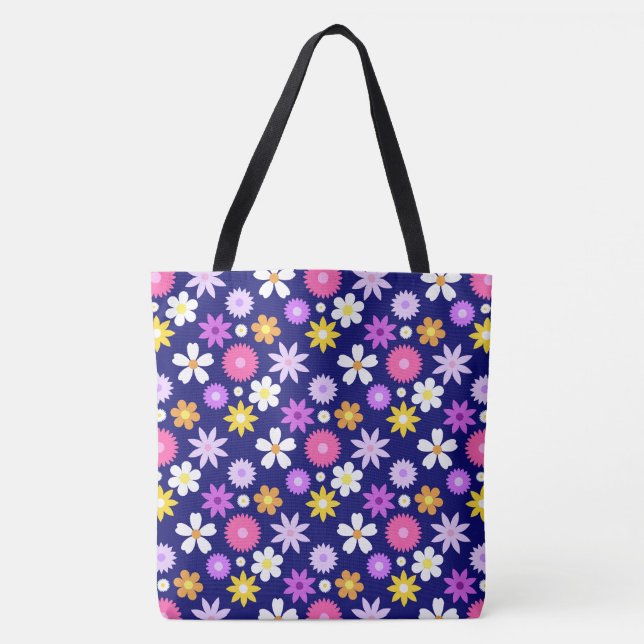 Bolsa Tote Padrão de Flor de Estilo Retroativo 70s no Azul Es (Frente)