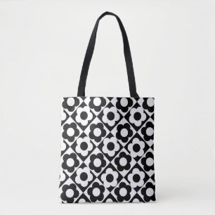 Bolsa Tote Padrão de Flor de Verificação de Diamante Preto e 