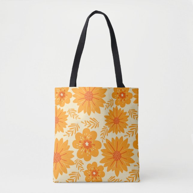 Bolsa Tote Padrão de Flor Laranja do Meio século de Imagem Re (Frente)