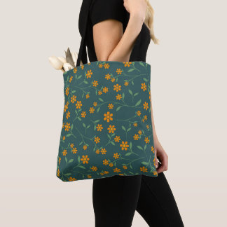 Bolsa Tote Padrão de Flor Laranja Retro com Azul Teal Escuro