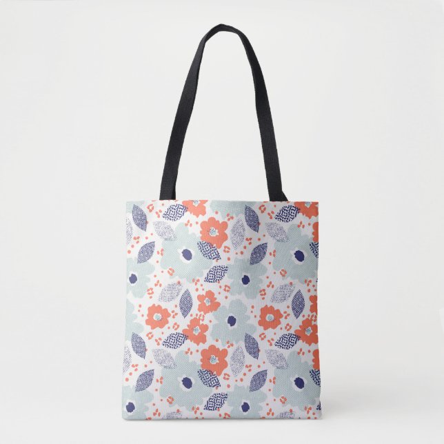 Bolsa Tote Padrão de Flor Moderno Laranja e Azul (Frente)