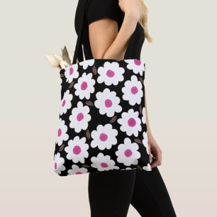 Bolsa Tote Padrão de Flor Retroativo em Branco em Preto