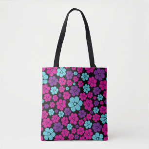 Bolsa Tote Padrão de Flor - Rosa, Púrpura, Azul e Preto