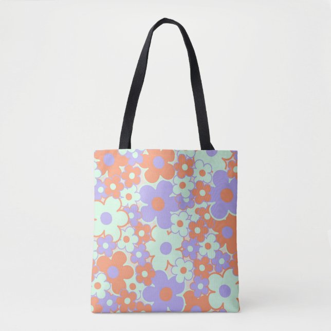 Bolsa Tote Padrão de Flor Y2K 70s - Verso Púrpura Laranja Azu (Frente)