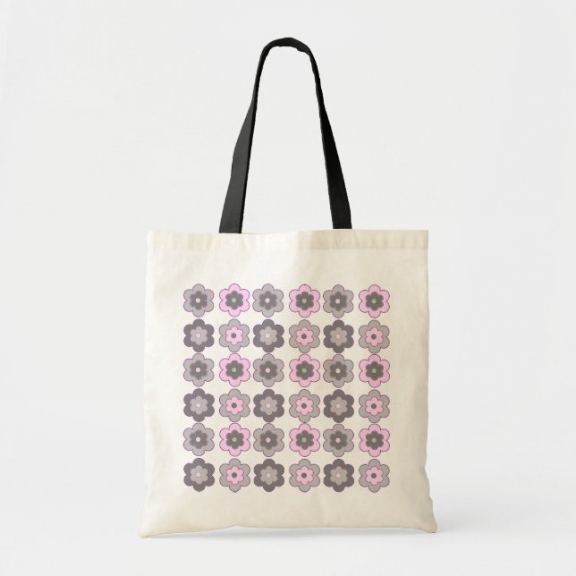Bolsa Tote Padrão de Flores Bolha Retro (Rosa e Cinza) (Frente)