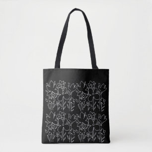 Bolsa Tote Padrão de Flores Brancas Lindas Selvagens Preto e