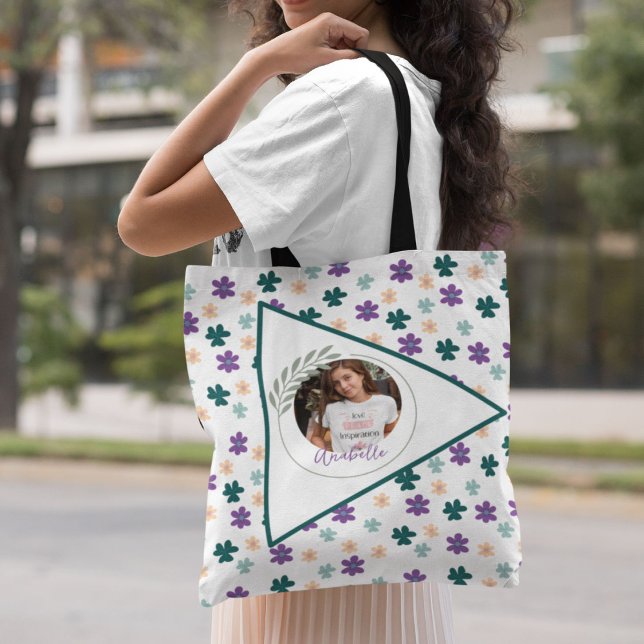 Bolsa Tote Padrão de Flores de Mola com Nome e Foto (Criador carregado)