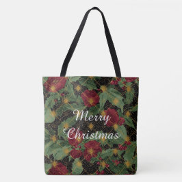 Bolsa Tote Padrão de Flores de Natal,Ouro Vermelho Verde Pret