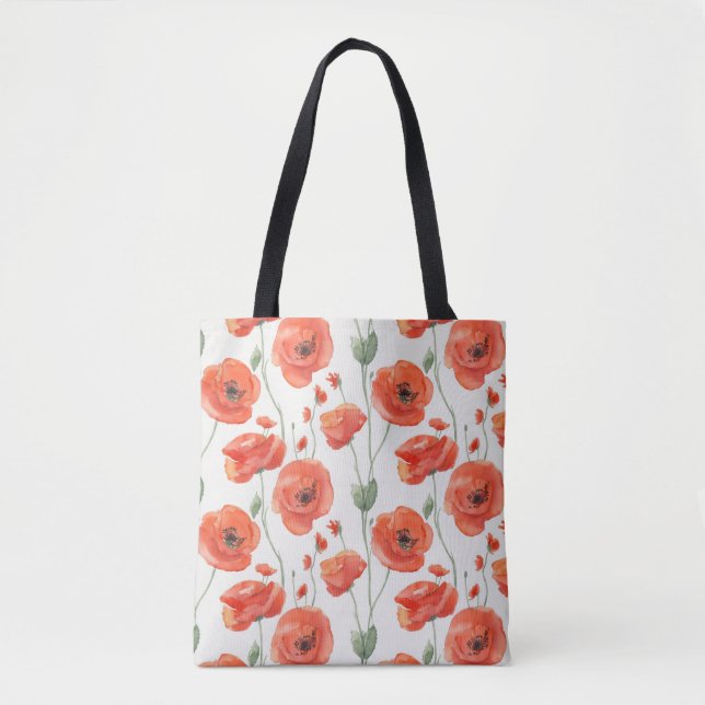 Bolsa Tote Padrão de flores de papoula em aquarela simples e  (Frente)