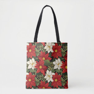 Bolsa Tote Padrão de Flores de Poinsettia Verde Vermelha