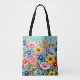 Bolsa Tote Padrão de Flores de Primavera Vibrantes em Aquarel