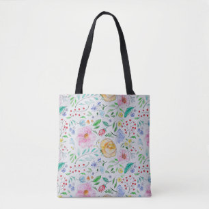 Bolsa Tote Padrão de Flores e Botões de Aquarela Leve e Bonit