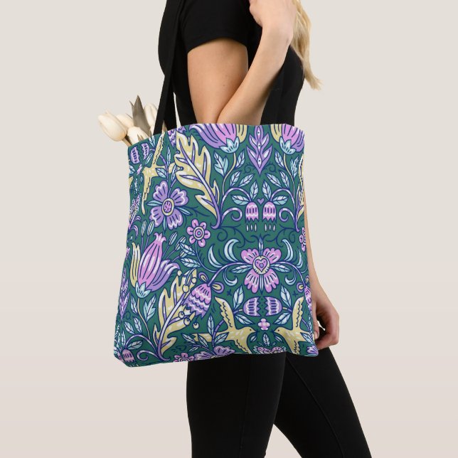 Bolsa Tote Padrão de Flores e Pássaros em Estilo Antigo (Close Up)