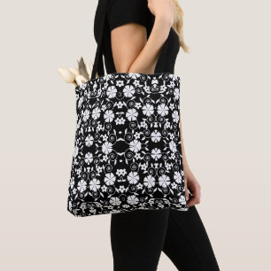 Bolsa Tote Padrão de flores giratórias preto e branco fofo