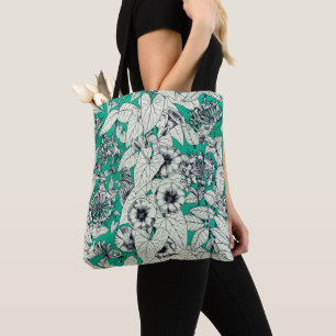 Bolsa Tote Padrão de Flores Gráficas Brancas Verde