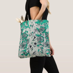 Bolsa Tote Padrão de Flores Gráficas Brancas Verde