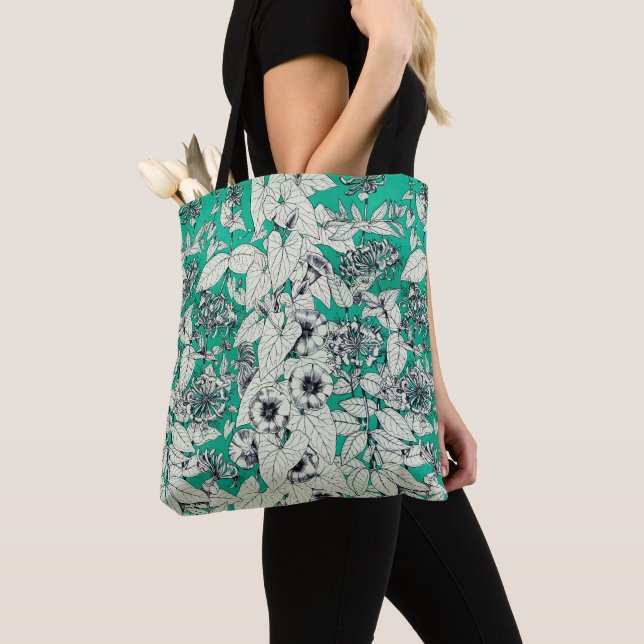Bolsa Tote Padrão de Flores Gráficas Brancas Verde (Close Up)