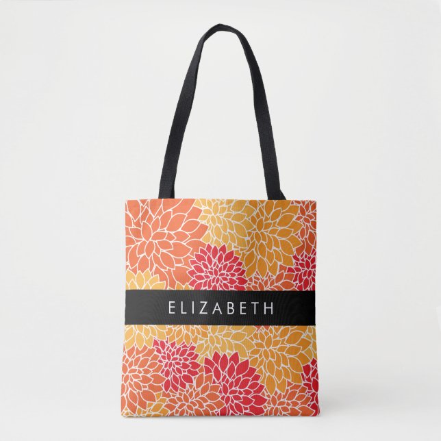 Bolsa Tote Padrão De Flores, Orange Dahlia, Seu Nome (Frente)