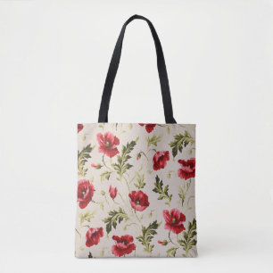 Bolsa Tote Padrão de flores papoulas vermelhas brilhantes vin