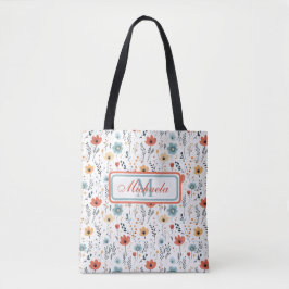 Bolsa Tote Padrão de Flores Selvagens, Ferrugem, Tan, Azul
