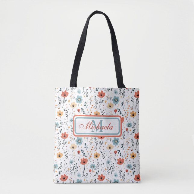 Bolsa Tote Padrão de Flores Selvagens, Ferrugem, Tan, Azul (Frente)