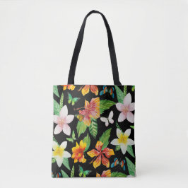 Bolsa Tote Padrão de Flores Tropicais e Borboletas