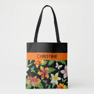 Bolsa Tote Padrão de Flores Tropicais e Borboletas