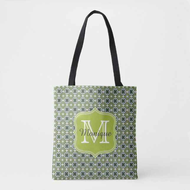 Bolsa Tote Padrão de Flores Verdes do Monograma (Frente)