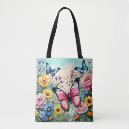 Bolsa Tote Padrão de Flores Vibrantes de Primavera em Aquarel