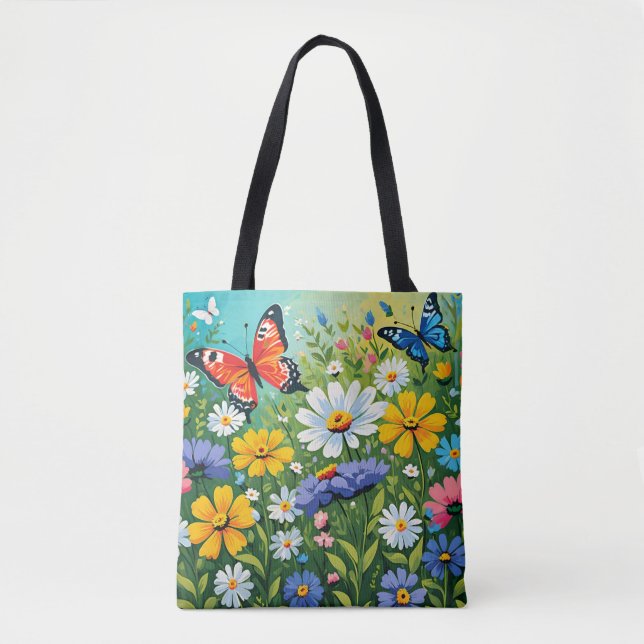 Bolsa Tote Padrão de Flores Vibrantes de Primavera em Aquarel (Frente)