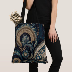 Bolsa Tote Padrão de Folha Azul Escuro Boho