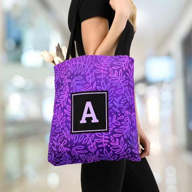Bolsa Tote Padrão de folha de monograma roxo ousado personali (Criador carregado)