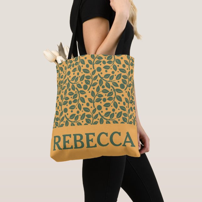 Bolsa Tote Padrão de Folha Laranja e Verde (Close Up)