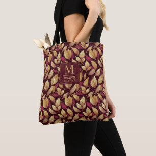 Bolsa Tote Padrão de Folhas de Outono em Marrom Vermelho Dour