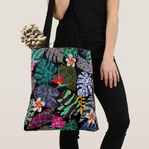 Bolsa Tote Padrão de Folhas e Flores Tropicais Vibrantes