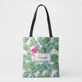 Bolsa Tote Padrão de Folhas Tropicais e Flamingo Rosa