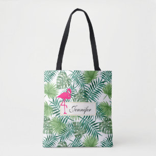 Bolsa Tote Padrão de Folhas Tropicais e Flamingo Rosa