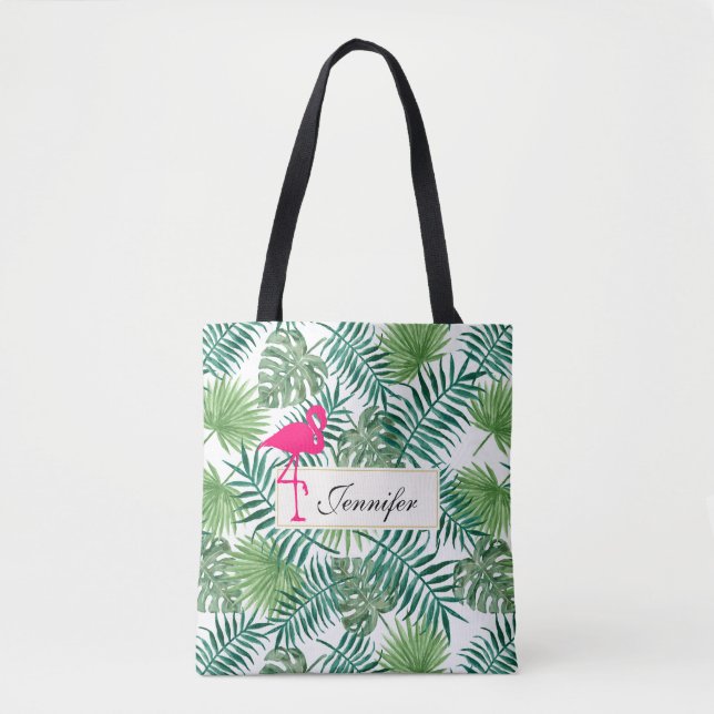 Bolsa Tote Padrão de Folhas Tropicais e Flamingo Rosa (Frente)
