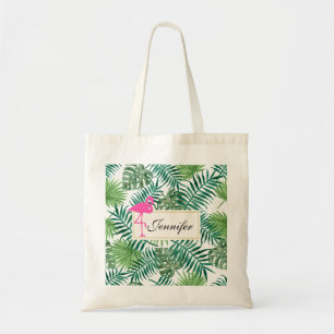 Bolsa Tote Padrão de Folhas Tropicais e Flamingo Rosa