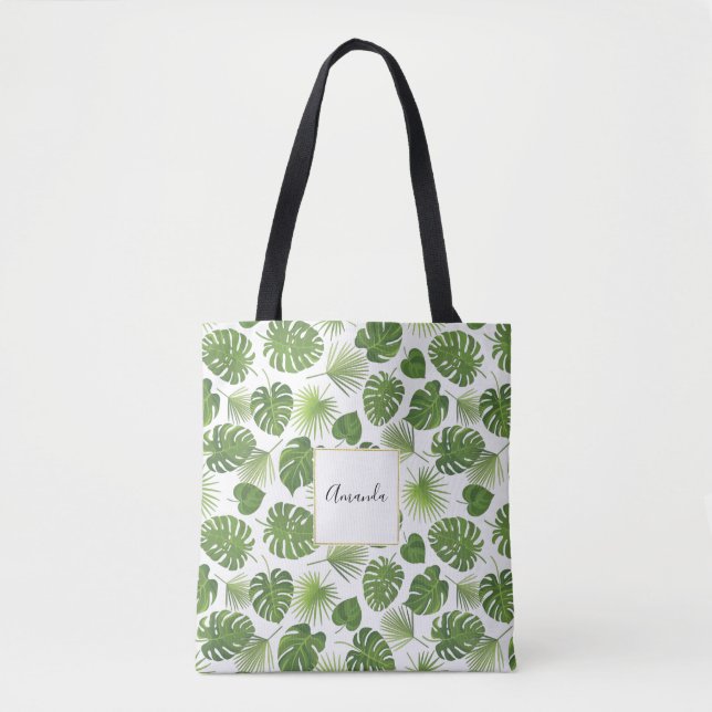 Bolsa Tote Padrão de Folhas Tropicais na moda Verde (Frente)