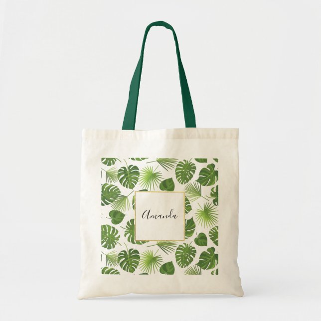 Bolsa Tote Padrão de Folhas Tropicais na moda Verde (Frente)