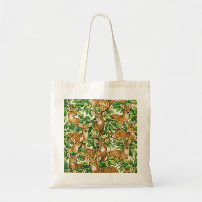 Bolsa Tote Padrão de folhas verdes e cervos da floresta (Frente)